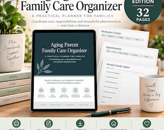 Puede incluir: Un organizador de cuidados familiares para padres mayores mostrado en una pantalla de tableta, acompañado de páginas impresas para seguimiento de medicamentos, citas y actualizaciones mensuales. Un bolígrafo negro descansa junto a una taza blanca.