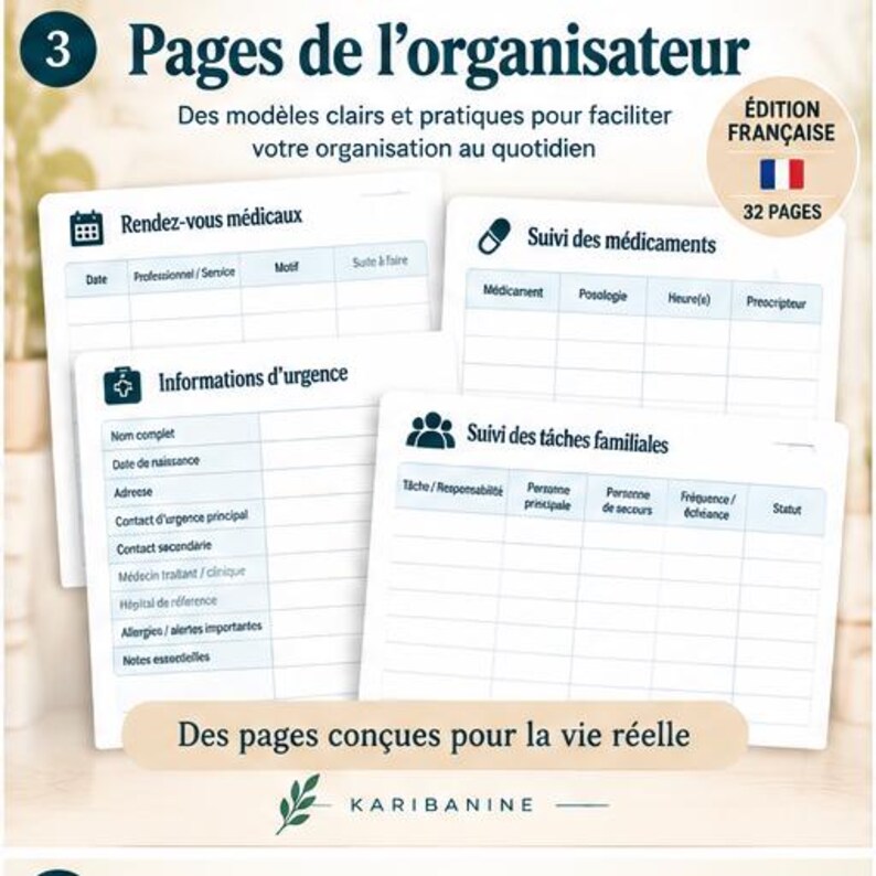 Puede incluir: Cuatro p&aacute;ginas organizadoras blancas con texto e iconos azules. Las p&aacute;ginas incluyen tablas para citas m&eacute;dicas, seguimiento de medicamentos, informaci&oacute;n de emergencia y tareas familiares. El texto incluye '3 Pages de l'organisateur' y '32 PAGES'.
