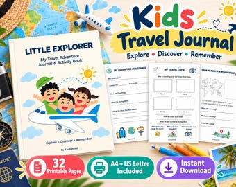Puede incluir: Un diario de viaje para niños titulado Little Explorer, con una ilustración de tres niños en un avión. El conjunto incluye páginas imprimibles con actividades, una brújula, una cámara y lápices de colores para registrar aventuras.