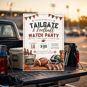 May include: A tailgate and football watch party invitation card featuring a rustic wood background, pennant banners, a metal bucket with bottles, a football, and a helmet. Text includes: TAILGATE & FOOTBALL WATCH PARTY, NOVEMBER 16, 3:00 PM.