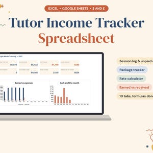 Tutor Income Tracker Spreadsheet, Session Log, Package Tracker, Rate Calculator (Excel/Google Sheets)