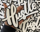 NEW, Pure White w Black Felt quot Hustle quot Chenille Patch (iron-on) Size 8 quot x6 quot , Exclusive Varsity Patch for Denim Jacket, Shirts, Hoodies