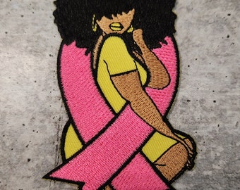 New, Breast Cancer Survivor/Supporter (1-pc), Beautiful Yellow Dress "Afro Diva" (Think PINK) Ribbon, Size 4" Embroidered  Iron or Sew-on