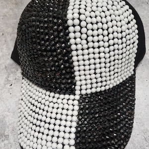 Patch Party Club, Super Blingy "WHITE & BLACK" Handmade Rhinestone Hat with Snap Closure, Fashionable Trucker Hat, Sparkling Baseball Cap