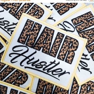 NEW, Leopard &quot;Hair Hustler&quot; Stylist Badge, 1 Pc., Iron-on Merit Badge,100% Embroidered, DIY Appliques, Great for Women Stylists/Barbers, 4&quot;