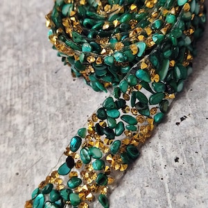 Patch Party Club, GREEN Beaded Rhinestone TRIM By-The-Yard, Adhesive Backed, Iron-on Trim for Clothing & Accessories, 1-Yard DIY Hot-fix