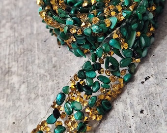Patch Party Club, GREEN Beaded Rhinestone TRIM By-The-Yard, Adhesive Backed, Iron-on Trim for Clothing & Accessories, 1-Yard DIY Hot-fix