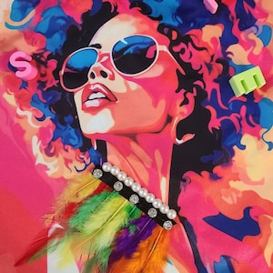 May include: A colorful painting of a woman with large, curly hair wearing sunglasses and a feather boa with a pearl and rhinestone necklace. The background is a vibrant pink, orange, and blue.
