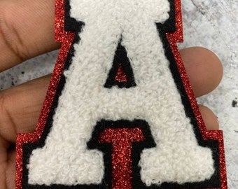 New Arrival, White Chenille, RED Glitter, w/ Black Felt, Size 2.75" Varsity Letter Patch with Iron-on Backing, Chenille Letters, A-Z Letter
