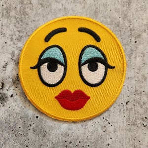 Patch Party Club (1-pc) "Expressive "Um Hmmmm Emoji" Funny Embroidered Iron On Patch, Sz 3", Trucker Hats, Backpacks, Jackets, Shoes
