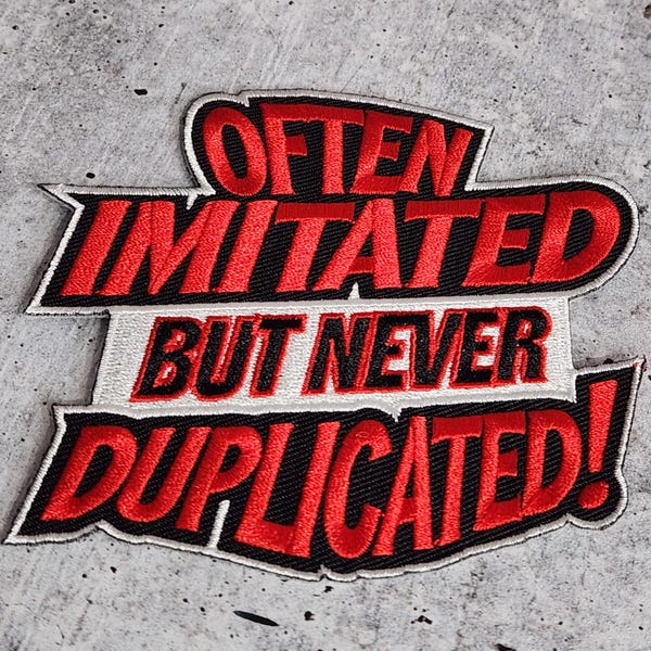 Patch Party Club (1-pc) Size 4" "Often Imitated But Never Duplicated" Patch – Red & Black Iron-On Embroidered Badge for Clothes, Hats, DIY
