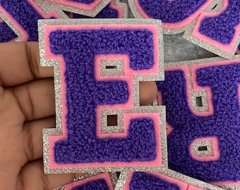New Arrival, PURPLE Chenille,Silver Glitter, w/Pink Felt, Size 2.75" Varsity Letter Patch with Iron-on Backing, Chenille Letters, A-Z Letter