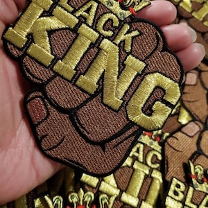 Dope, Metallic Gold &quot;KING w/Crown&quot; Fist Patch, 4.5&quot;, Iron-on Embroidered Afrocentric Patch; Africa Patch, Popular Patches, Patches for Men