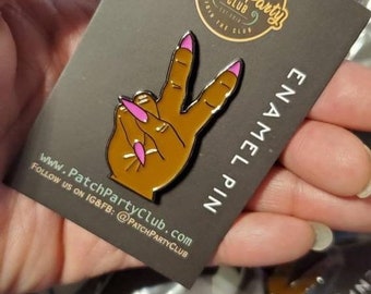 New Arrival, Stiletto Nail &quot;Deuces&quot; Exclusive Lapel Pin, Black Girl Enamel Pin, Size 2&quot;, w/Butterfly Clutch, Hot Pink and Brown Skin Tone