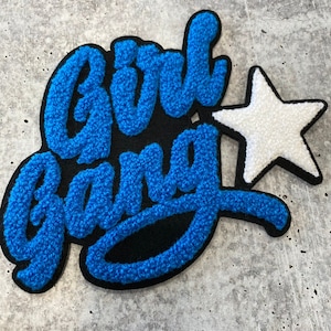 Blue w/White Star "Girl Gang" Chenille Patch, Colorful, Varsity Vintage Patch for DIY Crafts, Large Back Patch for Clothing, Iron-on