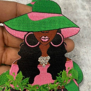 Sassy, Pink & Green, Sophisticated Diva, 1pc with Pink Lipgloss, Iron-on Afrocentric Patch, Size 4", Sorority Girl Badge, DIY Craft Supplies