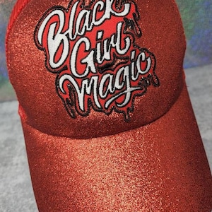 Exclusive,&quot;Black Girl Magic&quot; RED Glitter Messy Bun/Ponytail Hat, Glitter Hat, Sparkling Bad Hair Day Hat, Gift for Her, Baseball Cap