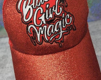 Exclusive,"Black Girl Magic" RED Glitter Messy Bun/Ponytail Hat, Glitter Hat, Sparkling Bad Hair Day Hat, Gift for Her, Baseball Cap