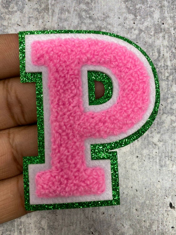 1-pc Green Letter A Chenille & Pink Glitter, w/ White Felt, Size 2.75  Varsity Letter Patch with Iron-on Backing, Small Chenille Letters