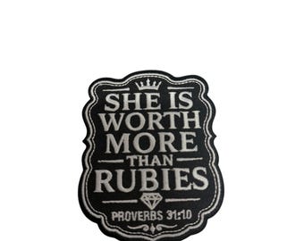 Patch Party Club (1-Pc.) She Is Worth More Than Rubies Patch, Proverbs 31:10 Christian Faith Iron On Patch, Women of Faith Patch