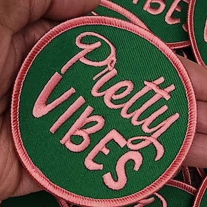 New, Adorable "Pretty Vibes," Popular Patch, Size 3", Pink & Green, Circular Iron-on Embroidered Patch; DIY Craft Apparel and Accessories