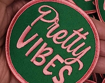 New, Adorable "Pretty Vibes," Popular Patch, Size 3", Pink & Green, Circular Iron-on Embroidered Patch; DIY Craft Apparel and Accessories