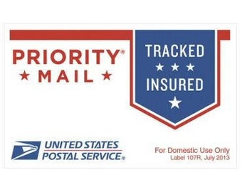 Puede incluir: Una etiqueta Priority Mail blanca con un diseño de estrellas azules y rojas. La etiqueta dice "PRIORITY MAIL" con estrellas a cada lado de la palabra "MAIL". La etiqueta también dice "TRACKED INSURED" con tres estrellas sobre la palabra "INSURED". La etiqueta tiene un diseño de escudo azul y blanco con una estrella en el centro. La etiqueta también dice "UNITED STATES POSTAL SERVICE" y "For Domestic Use Only Label 107R, July 2013".