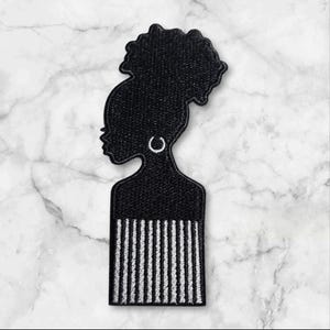 Patch Party Club, &quot;Afro Puff Silhouette Pick&quot; Sz 4.5&quot;, (1-pc), Iron-on, Afrocentric Empowerment Patch for Jackets, Hats, Bags, Shoes