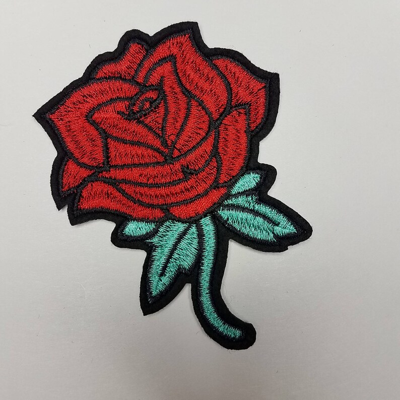 matching embroidered iron-on floral patches Flower Patches Red Rose Buds with teal stems Rose Embroider size 3-inches Floral 2 pc set