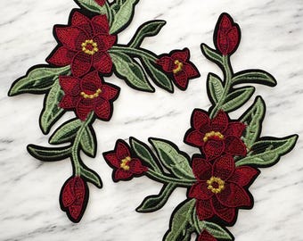 Patch Party Club (2-pc) Red Rose Embroidered Patch Set, 4" Iron-On Floral Patches, Rose Applique Set, Jacket Patch, DIY Fashion Patch