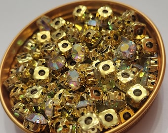 Sparkling 8MM AB GOLD,(100 pcs) "Rhinestone" Rivets, Rhinestones for Pearl Setting Machine, Easy to Apply, Great For Denim, Fabric