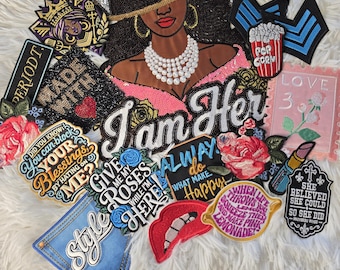 Patch Party Club, 20-pc "I Am Her" Assorted Patch Bundle, Premium Embroidery, Sequins, and Bling, For Diy, Hats, Jackets & More