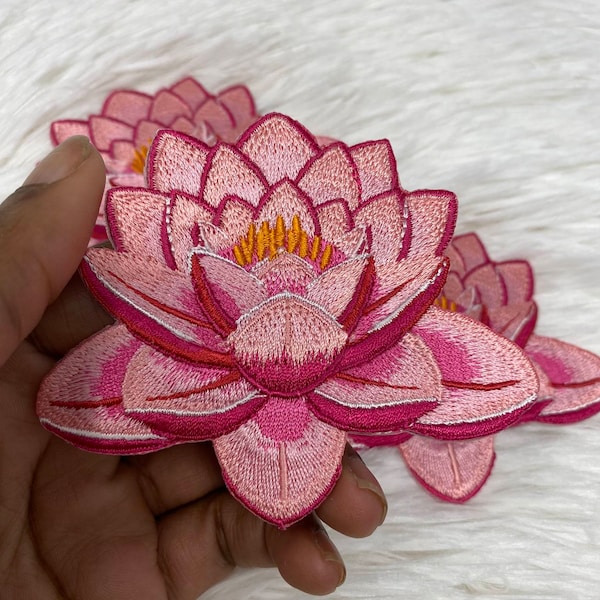 Pink, 4" Lotus Flower, 1 pc Embroidered Patch, Iron-on Floral Patch for Jackets, Hats, Crocs, and More