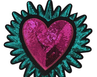 Patch Party Club (1pc) Sequins Heart Burst Iron-On Patch, Size 7.5" x 7" Oversized Glam Heart Applique for Jackets, Bags & Statement Fashion
