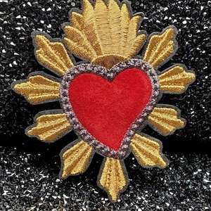 Beautiful Mexican MILAGRO Red Velvet & Metallic Heart, 3&quot;x4&quot;inch Patch, Iron on Embroidered Applique; Popular Patches, Sacred Heart