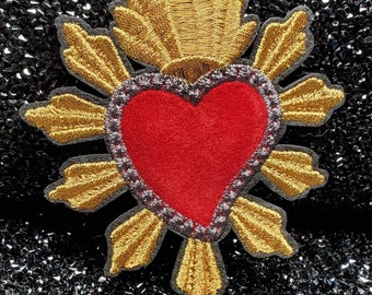 Beautiful Mexican MILAGRO Red Velvet & Metallic Heart, 3"x4"inch Patch, Iron on Embroidered Applique; Popular Patches, Sacred Heart