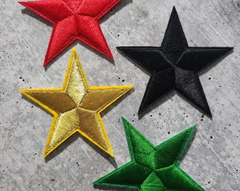 4pc/Black History Star Pack, &quot;Red, Green, Black, & Gold&quot; Star Bundle, 3&quot; inch, Cool Appliques For Clothing, Iron-on Embroidered Patches