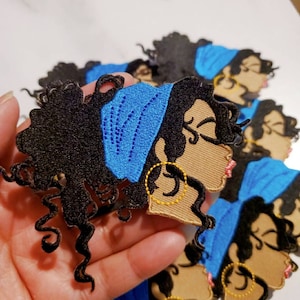 フライヌビアンブルー「ヘッドラップ」、4インチ、アイロン接着式刺繍アフロセントリックパッチ、キュートなブラックガールパッチ、DIYパッチ、クラフト用品