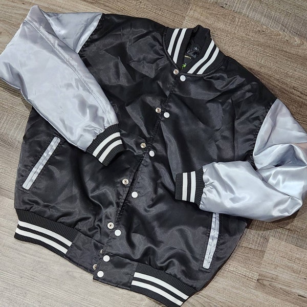 Limited Edition: Satin, Black Body, Gray Arms, White Stripes, Varsity Jacket with Ribbed Cuffs, Interior Zipper, Starter Sports Jacket