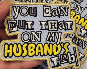 Patch Party Club (1-pc) "Husband's Tab" Humorous Iron-On Embroidered Patch, Size 3", Cute Statement Patch for Jackets, Trucker Hats, Bags