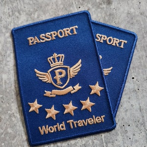 Patch Party Club, &quot;World Traveler,&quot; Gold Passport Patch,(1-pc) Iron-on Embroidered Patch, Wanderlust Gifts, 4&quot;x4&quot; Patch, Hats, Jackets, Bags