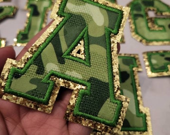 Exclusive, Camo Print Letters  w/Gold Glitter, Size 2.75" Varsity Letter Patch w/ Iron-on Backing, A-Z Letters, Letters for DIY, Hat Jacket