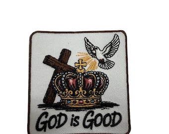 Patch Party Club (1 pièce), Écusson brodé « Dieu est bon » de 6,35 cm, symbole de foi chrétienne : croix, couronne et colombe. Applique décorative.