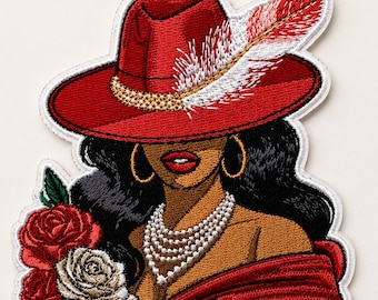 Patch Party Club, (1-pc) Red Hat Diva Embroidered Patch, 4" Iron-On Patch w/ 3M Adhesive Backing, Fashion Woman Patch, Rose Pearl Hat Patch