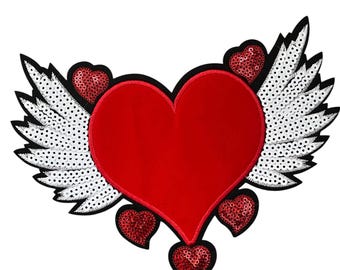 Patch Party Club (1pc) Winged Heart Sequin Iron-On Patch, Size 9" X 5", Oversized Angel Heart Applique for Jackets, Bags & DIY Fashion