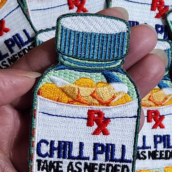 Vintage "Chill Pill" 1-pc, Size 3.5", Embroidered Patch, Fun Appliques, Iron-on or Sew On Patches, DIY Applique for Clothing, Hats, Crocs