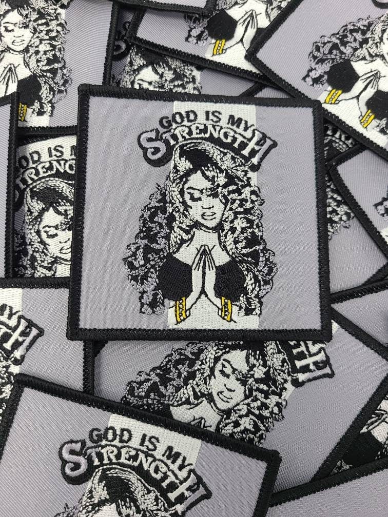 NEW, "God is My Strength" Embroidered Iron-on Patch, Size 3", DIY Appliques and Craft Supplies for Clothing and Accessories, Statement Badge