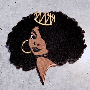 NEW &quot;Crowned Queen&quot; 4&quot; Iron-On Patch, Embroidered Afrocentric Patch; Cute Applique for Clothing & Accessories, Small Patch