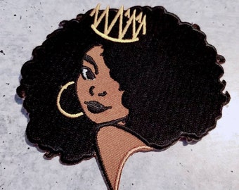 NEW "Crowned Queen" 4" Iron-On Patch, Embroidered Afrocentric Patch; Cute Applique for Clothing & Accessories, Small Patch