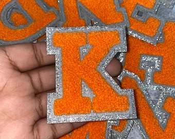 New Arrival,ORANGE Chenille, Silver Glitter, w/Gray Felt, Size 2.75&quot; Varsity Letter Patch with Iron-on Backing, Chenille Letters, A-Z Letter